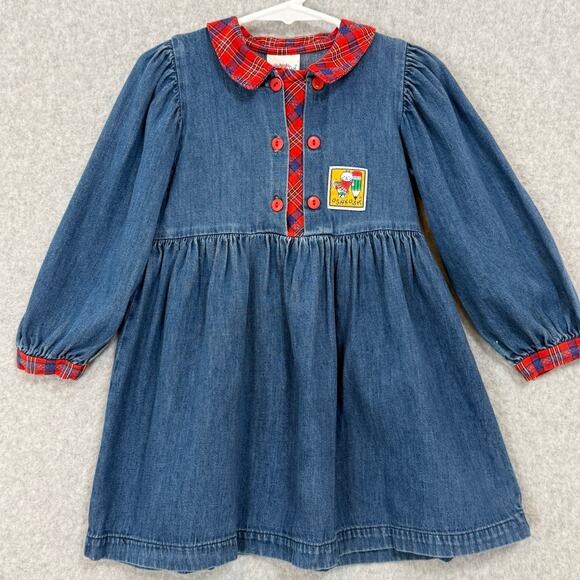 Vintage Oshkosh B'Gosh Denim Dress Size 3T Plaid School Cat Crayon Country - Picture 1 of 16